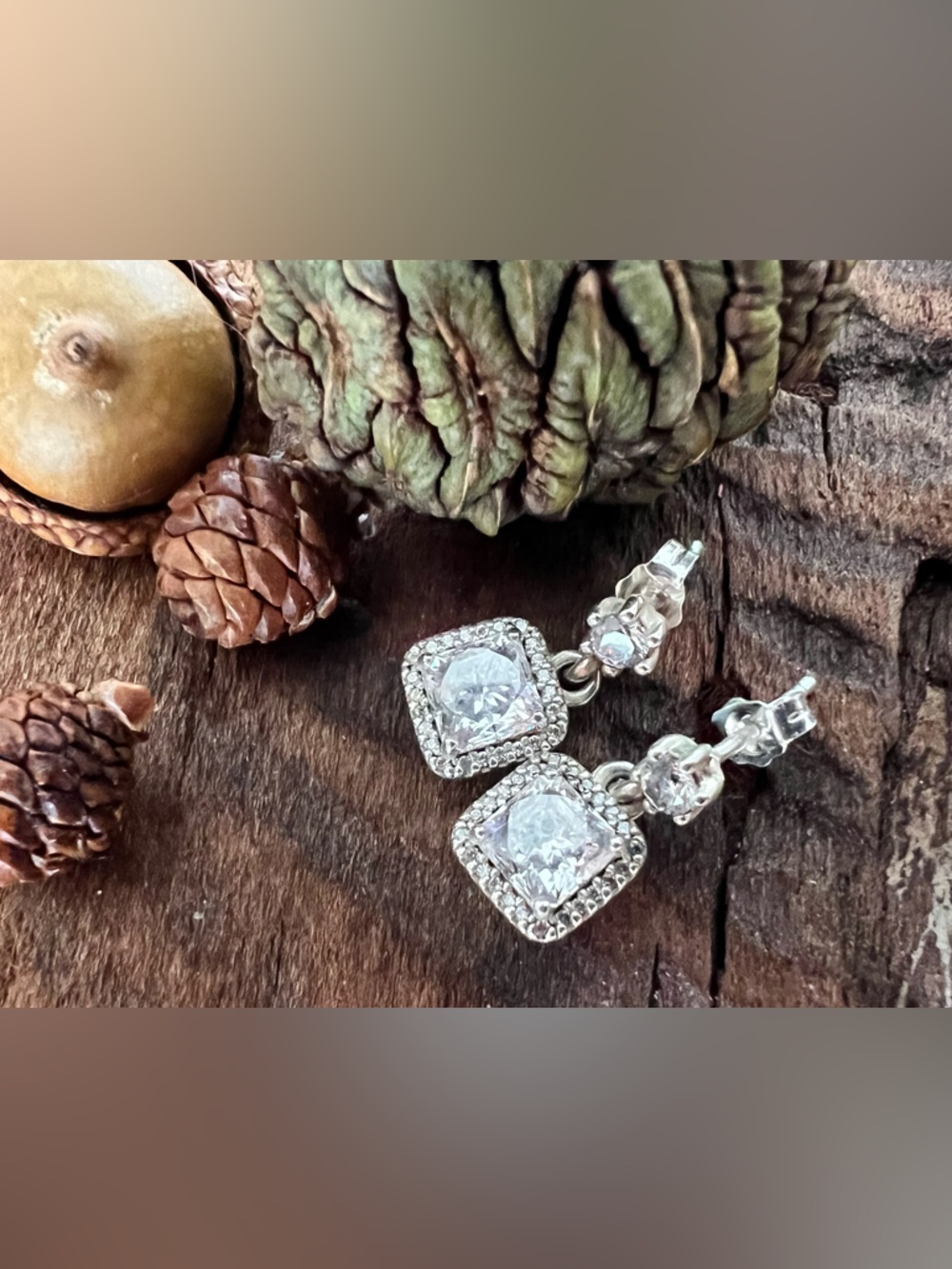Authentic Pandora Earrings Timeless Elegance Square Drop  Clear Cz Faceted 1.5cm